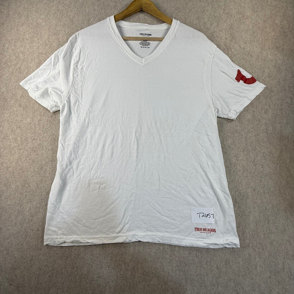 True Religion Mens White V-Neck T-Shirt Red Horseshoe Logo Size Large